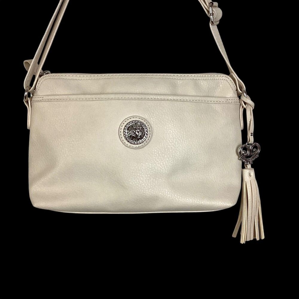 Bueno Womens Cream Faux Leather Crossbody Bag Heart Tassel Silver Medallion